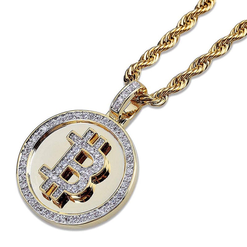 JAJAFOOK Jewelry Fully Iced Out CZ Simulated 14K Gold Plated Bitcoin Cryptocurrency Pendants Necklaces for Men with 24inch Stainless Steel Rope Chain - Image 5